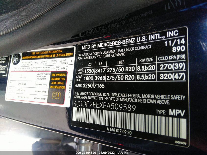 2015 MERCEDES-BENZ GL-CLASS 350 BLUETEC 4JGDF2EEXFA509589