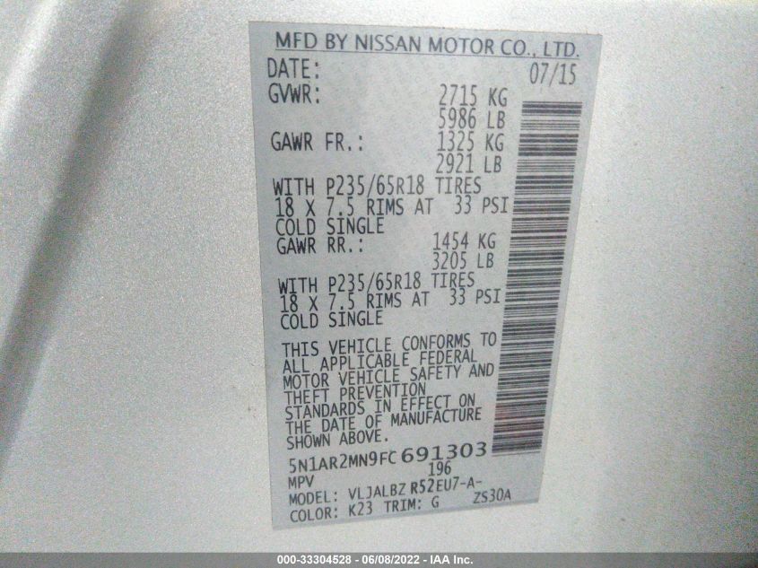 2015 NISSAN PATHFINDER S 5N1AR2MN9FC691303