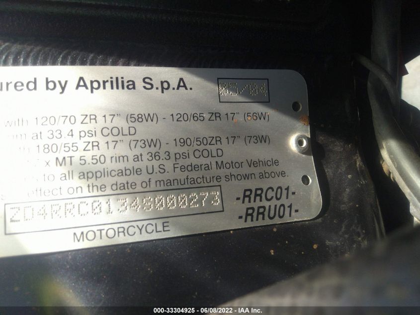2004 APRILIA RSV R-1000 FACTORY ZD4RRC0134S000273