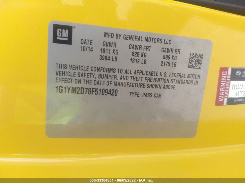 2015 CHEVROLET CORVETTE STINGRAY/3LT/Z51 1G1YM2D78F5109420