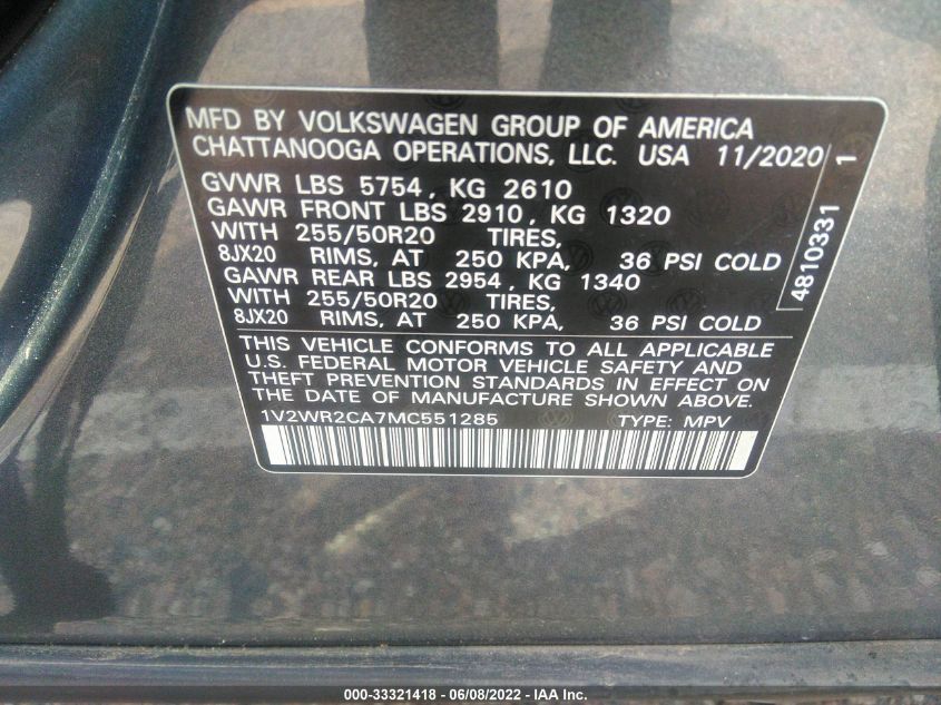 2021 VOLKSWAGEN ATLAS 3.6L V6 SE W/TECHNOLOGY 1V2WR2CA7MC551285