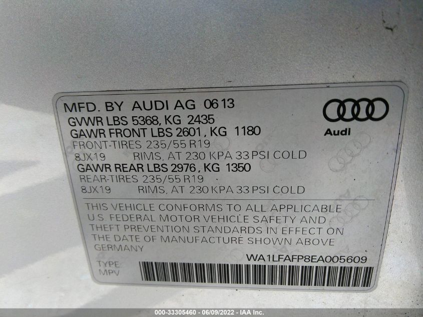 2014 AUDI Q5 PREMIUM PLUS WA1LFAFP8EA005609