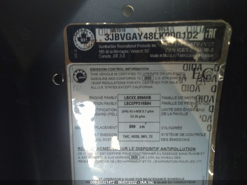 2020 CAN-AM MAVERICK X3 DS TURBO 3JBVGAY48LK000102