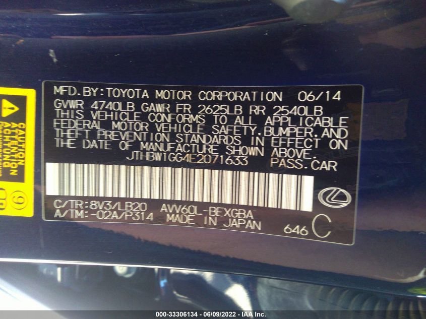 2014 LEXUS ES 300H HYBRID JTHBW1GG4E2071633