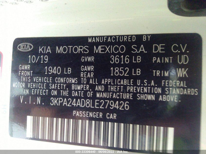 2020 KIA RIO S 3KPA24AD8LE279426