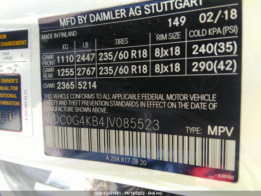 2018 MERCEDES-BENZ GLC GLC 300 WDC0G4KB4JV085523