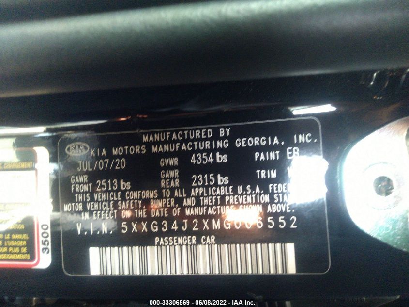 2021 KIA K5 EX 5XXG34J2XMG006552