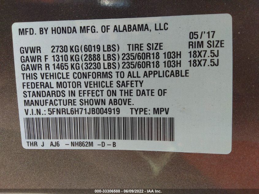 2018 HONDA ODYSSEY EX-L 5FNRL6H71JB004919
