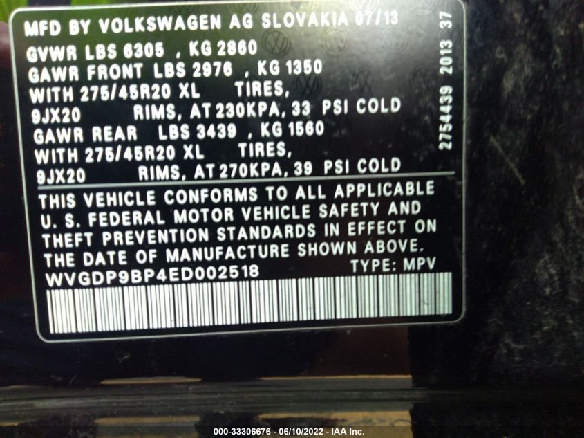 2014 VOLKSWAGEN TOUAREG R-LINE WVGDP9BP4ED002518