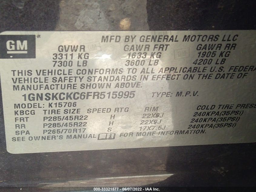 2015 CHEVROLET TAHOE LTZ 1GNSKCKC6FR515995