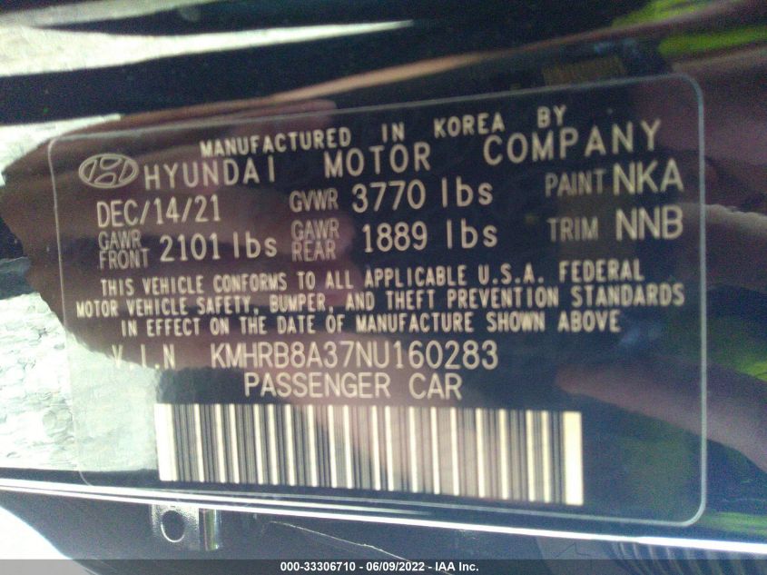 2022 HYUNDAI VENUE SE KMHRB8A37NU160283