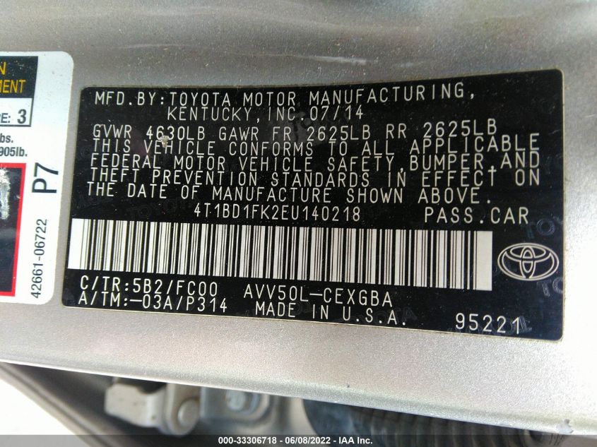 2014 TOYOTA CAMRY HYBRID LE/XLE/SE LIMITED EDITION 4T1BD1FK2EU140218