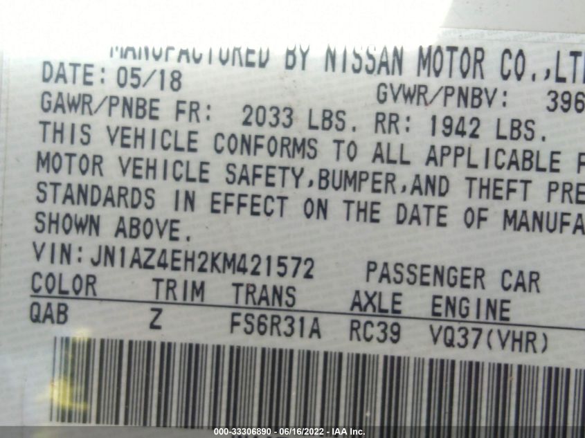 2019 NISSAN 370Z COUPE NISMO JN1AZ4EH2KM421572