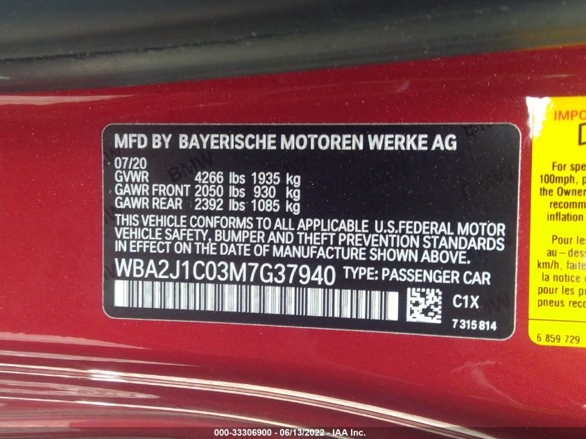 2021 BMW 2 SERIES 230I WBA2J1C03M7G37940