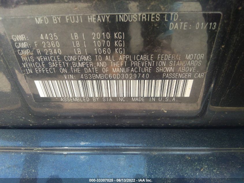 2013 SUBARU LEGACY 2.5I PREMIUM 4S3BMBC60D3029740