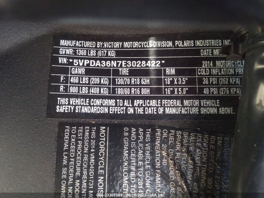 2014 VICTORY MOTORCYCLES CROSS COUNTRY 8-BALL 5VPDA36N7E3028422