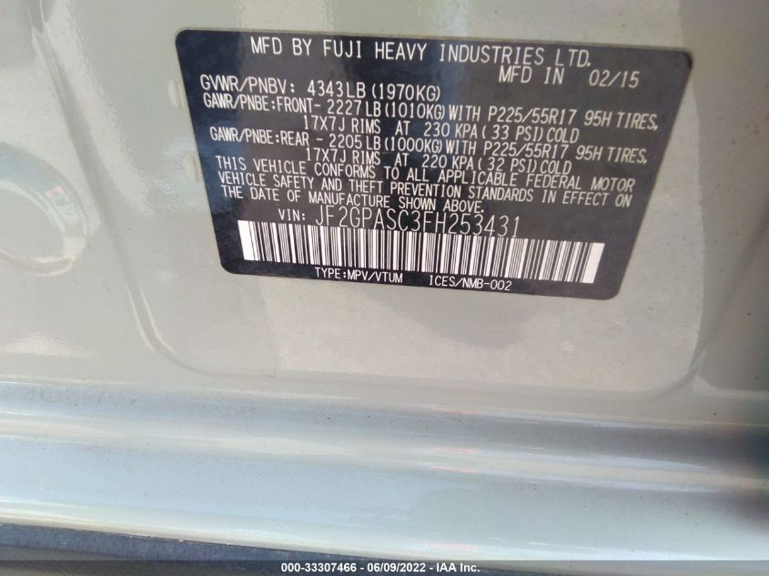 2015 SUBARU XV CROSSTREK SPORT LIMITED JF2GPASC3FH253431
