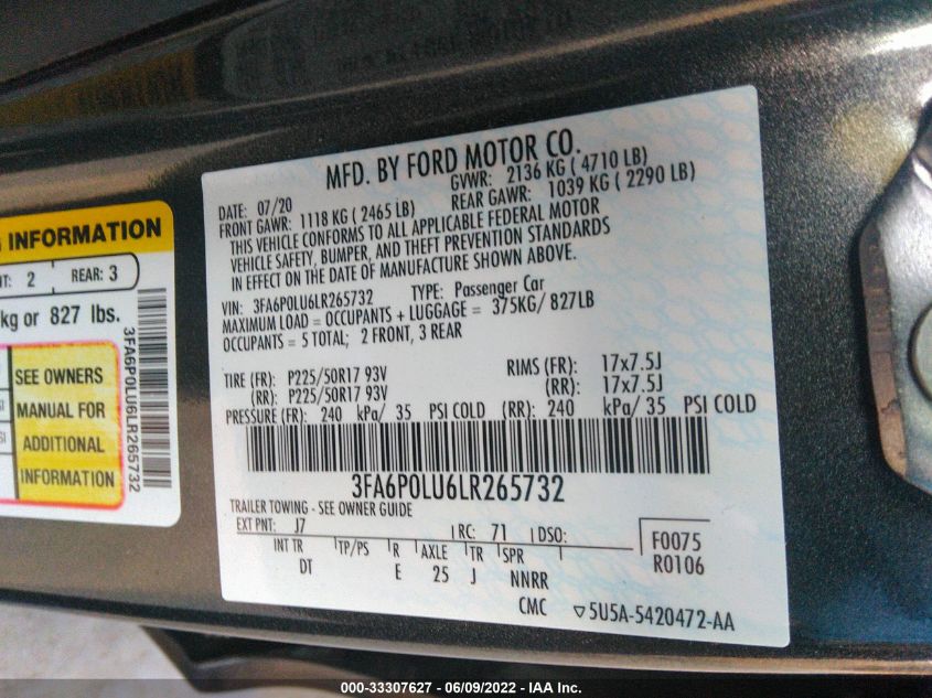 2020 FORD FUSION HYBRID SE 3FA6P0LU6LR265732