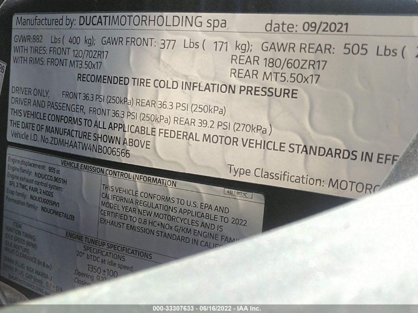 2022 DUCATI PANIGALE V2 ZDMHAATW4NB006566