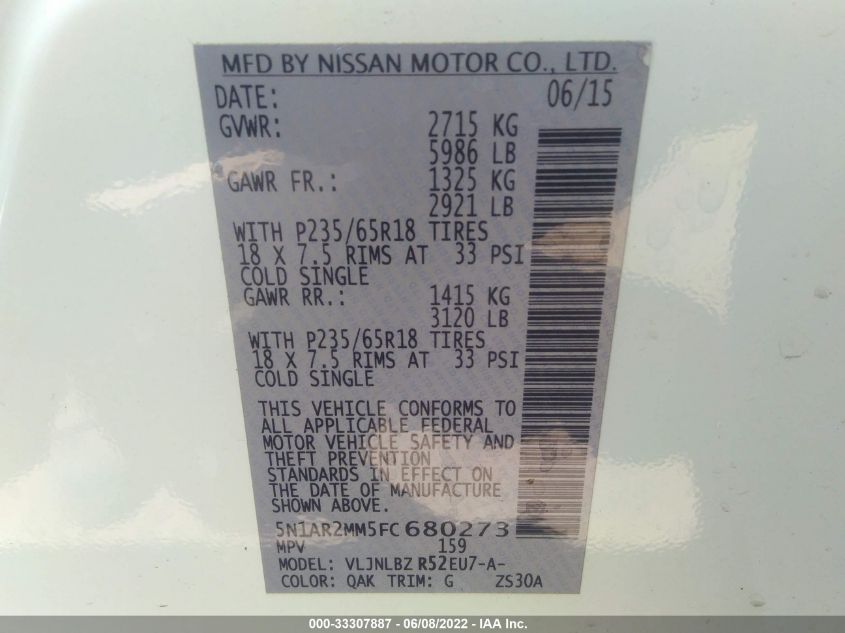 2015 NISSAN PATHFINDER S 5N1AR2MM5FC680273