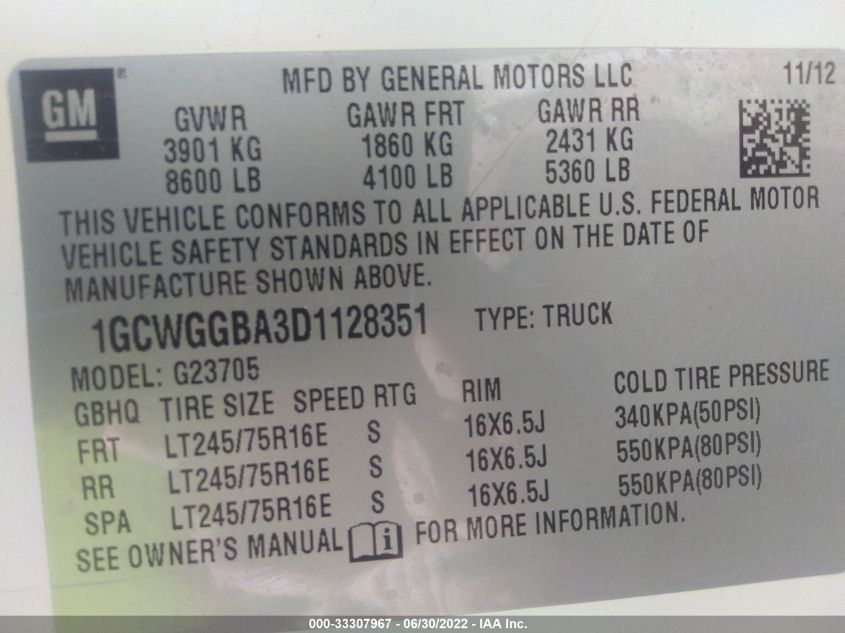 2013 CHEVROLET EXPRESS CARGO VAN 1GCWGGBA3D1128351