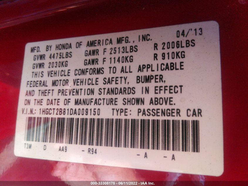 2013 HONDA ACCORD CPE EX-L 1HGCT2B81DA009150