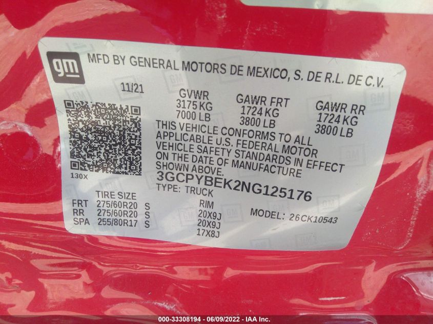 2022 CHEVROLET SILVERADO 1500 LTD CUSTOM 3GCPYBEK2NG125176
