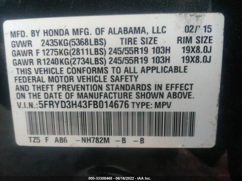 2015 ACURA MDX TECH PKG 5FRYD3H43FB014676