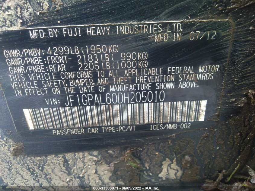 2013 SUBARU IMPREZA WAGON 2.0I SPORT PREMIUM JF1GPAL60DH205010