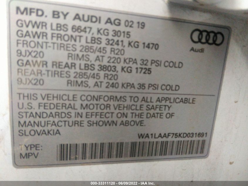 2019 AUDI Q7 PREMIUM PLUS WA1LAAF75KD031691