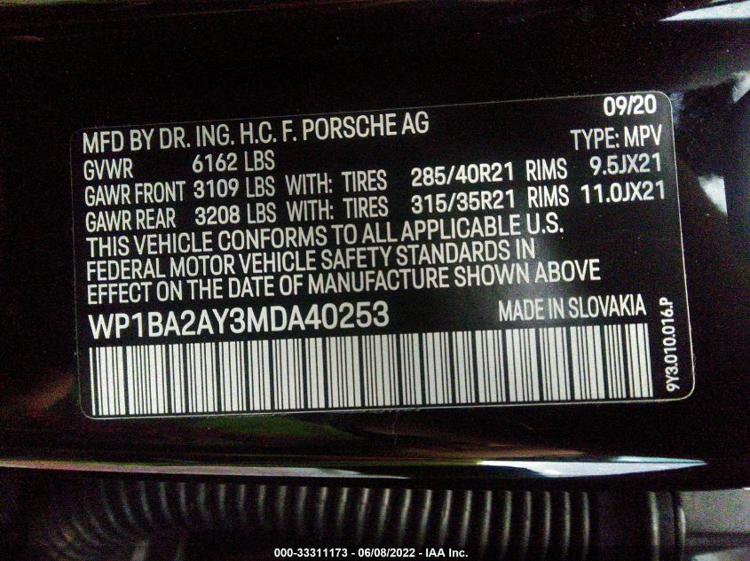 2021 PORSCHE CAYENNE WP1BA2AY3MDA40253