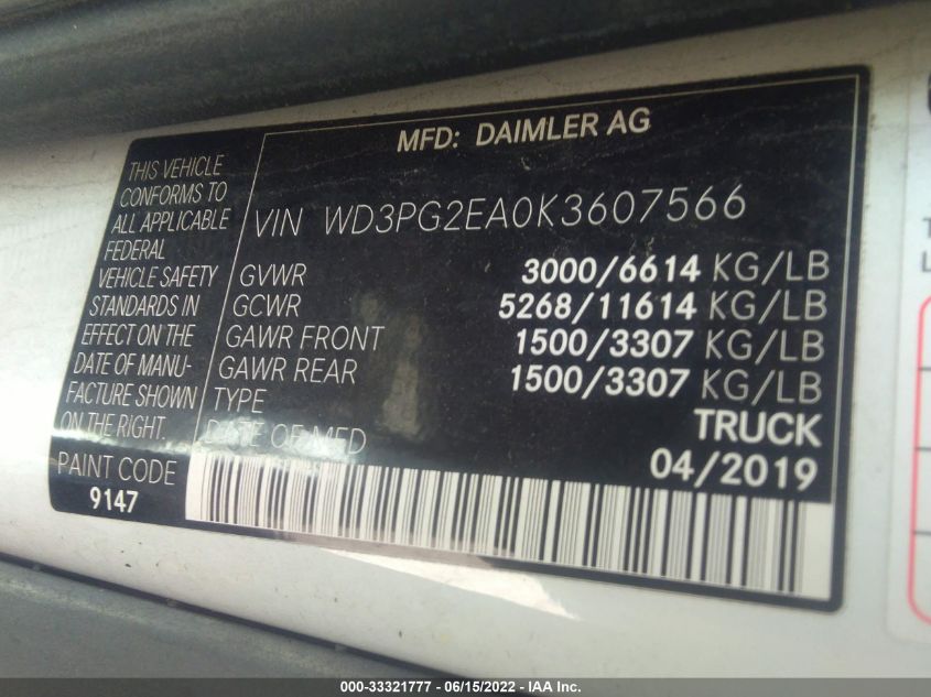 2019 MERCEDES-BENZ METRIS CARGO VAN WD3PG2EA0K3607566