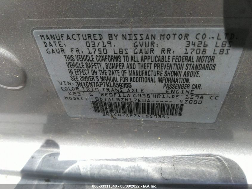 2019 NISSAN VERSA SEDAN SV 3N1CN7AP7KL859355