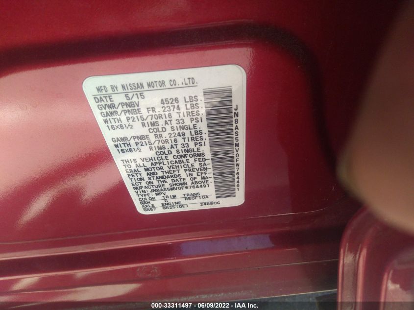 2015 NISSAN ROGUE SELECT S JN8AS5MV0FW764491