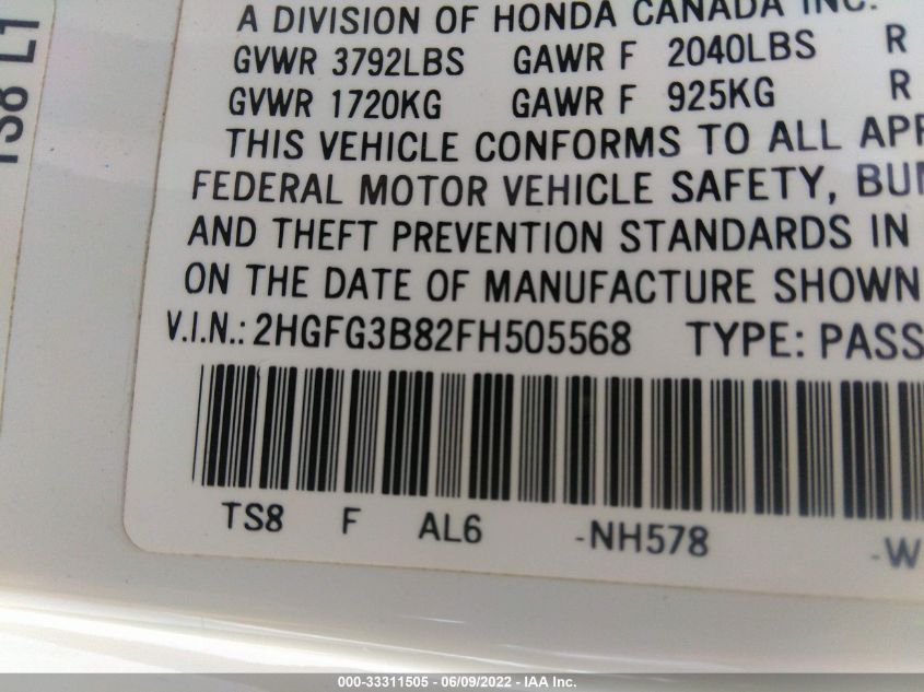 2015 HONDA CIVIC COUPE EX 2HGFG3B82FH505568