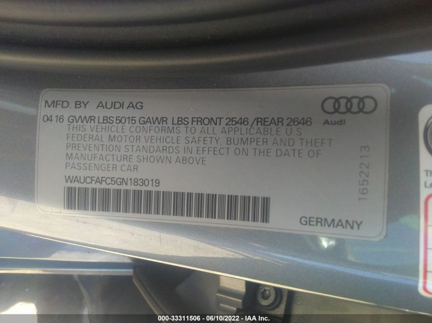 2016 AUDI A6 2.0T PREMIUM WAUCFAFC5GN183019