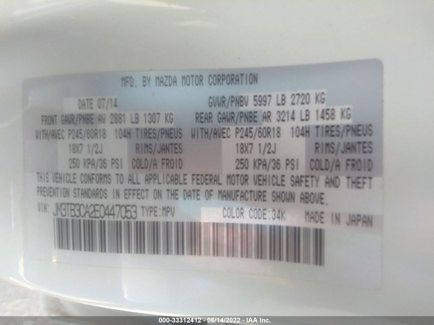 2014 MAZDA CX-9 TOURING JM3TB3CA2E0447053