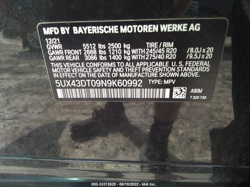 2022 BMW X4 M40I 5UX43DT09N9K60992