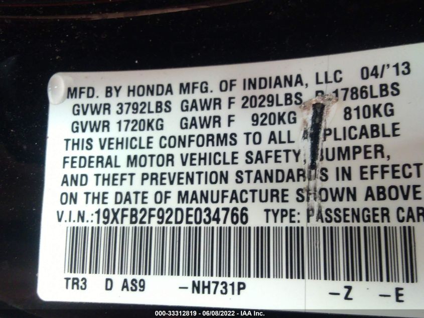 2013 HONDA CIVIC SDN EX-L 19XFB2F92DE034766