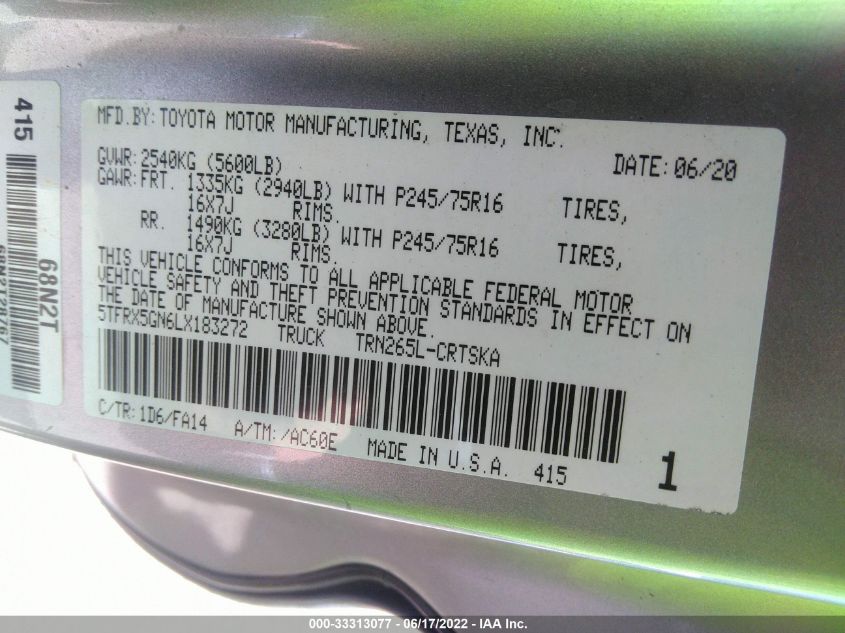2020 TOYOTA TACOMA 2WD SR/SR5 5TFRX5GN6LX183272