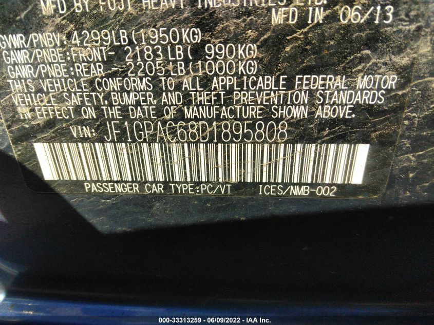 2013 SUBARU IMPREZA WAGON 2.0I PREMIUM JF1GPAC68D1895808