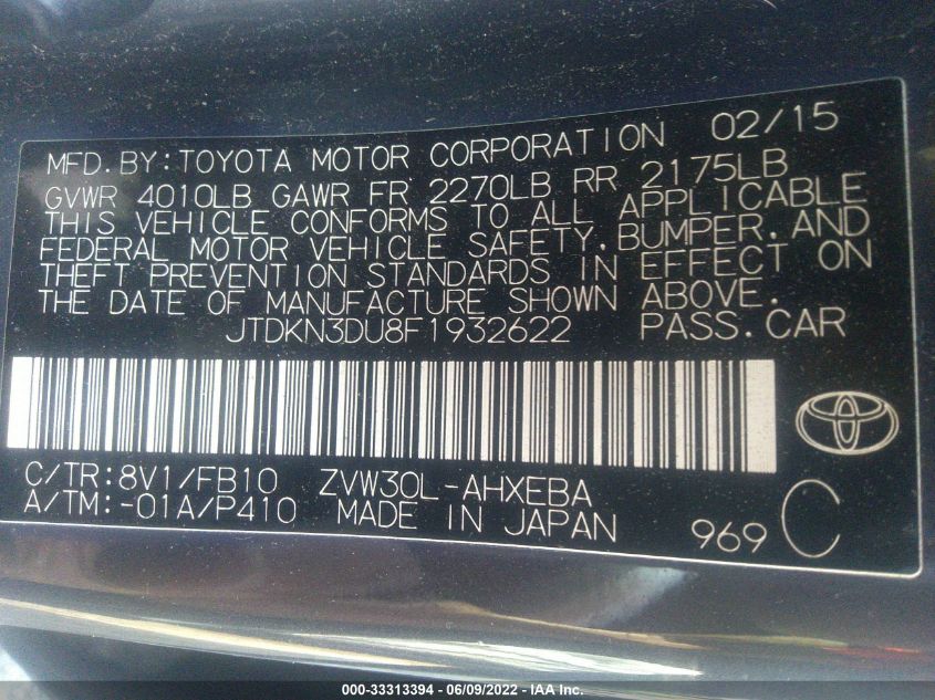 2015 TOYOTA PRIUS JTDKN3DU8F1932622