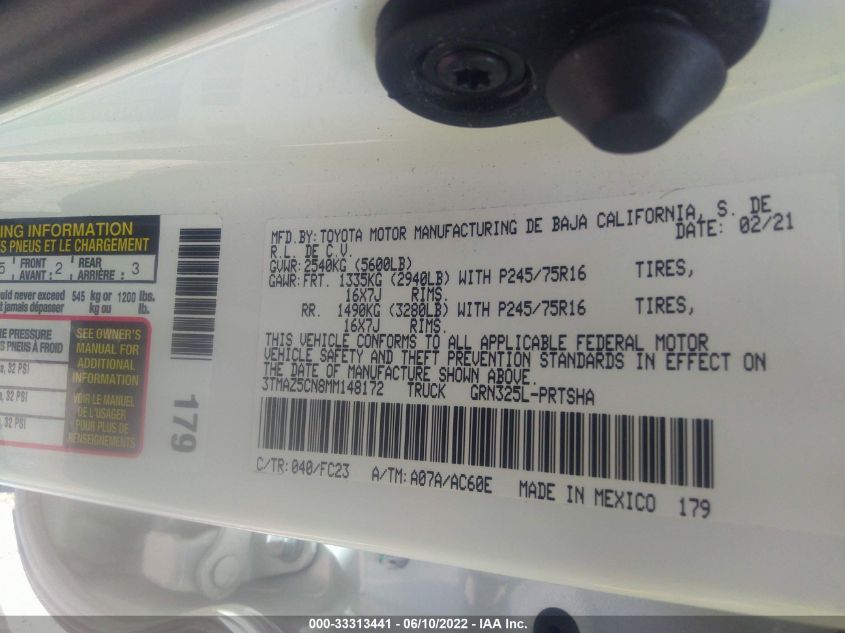 2021 TOYOTA TACOMA 2WD SR5/TRD SPORT 3TMAZ5CN8MM148172