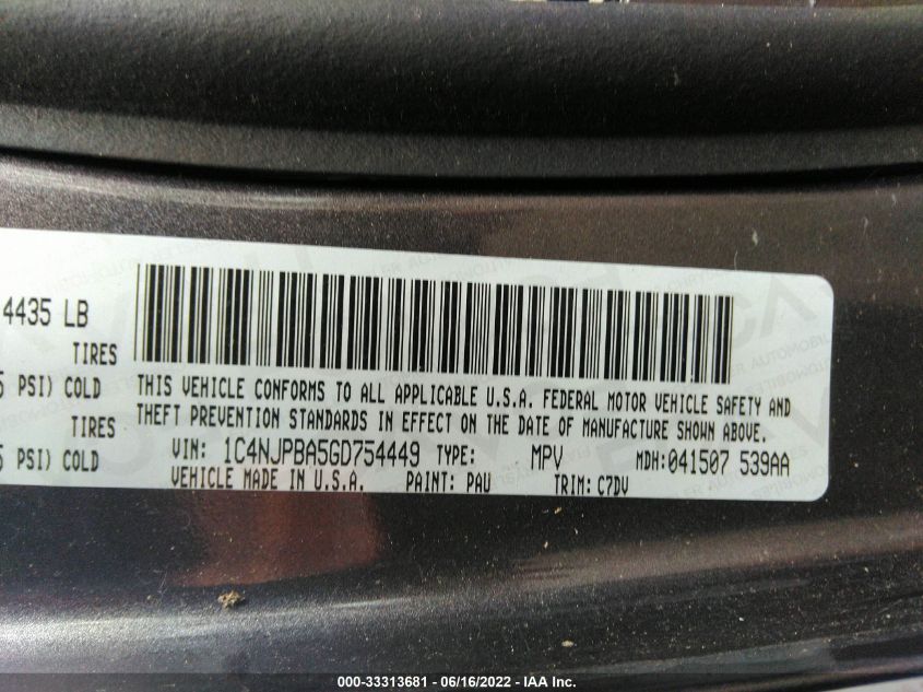 2016 JEEP PATRIOT SPORT 1C4NJPBA5GD754449