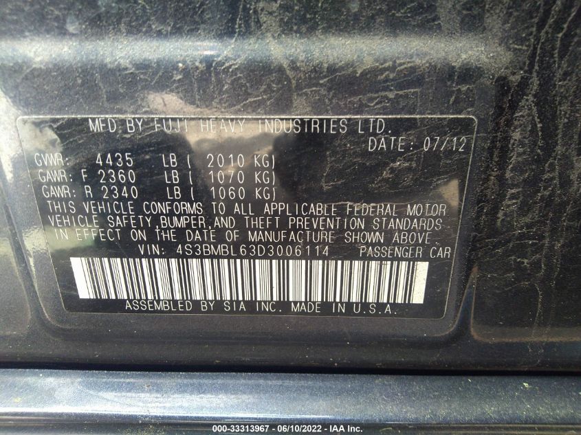 2013 SUBARU LEGACY 2.5I LIMITED 4S3BMBL63D3006114
