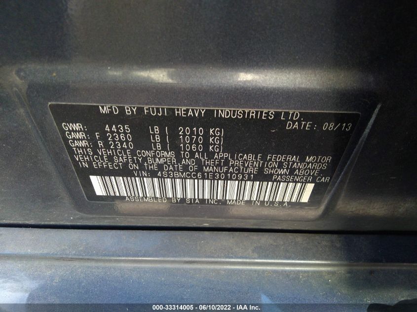 2014 SUBARU LEGACY 2.5I PREMIUM 4S3BMCC61E3010931