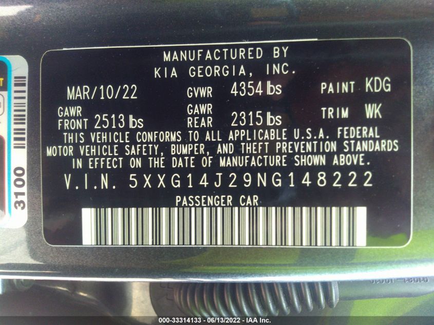 2022 KIA K5 LXS 5XXG14J29NG148222
