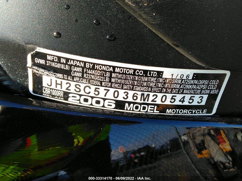 2006 HONDA CBR1000 RR JH2SC57036M205453