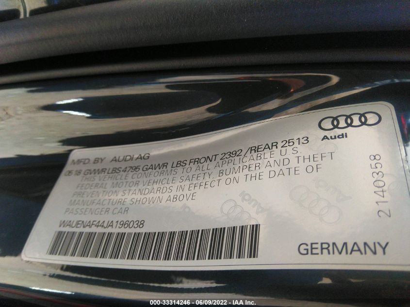 2018 AUDI A4 PREMIUM PLUS WAUENAF44JA196038