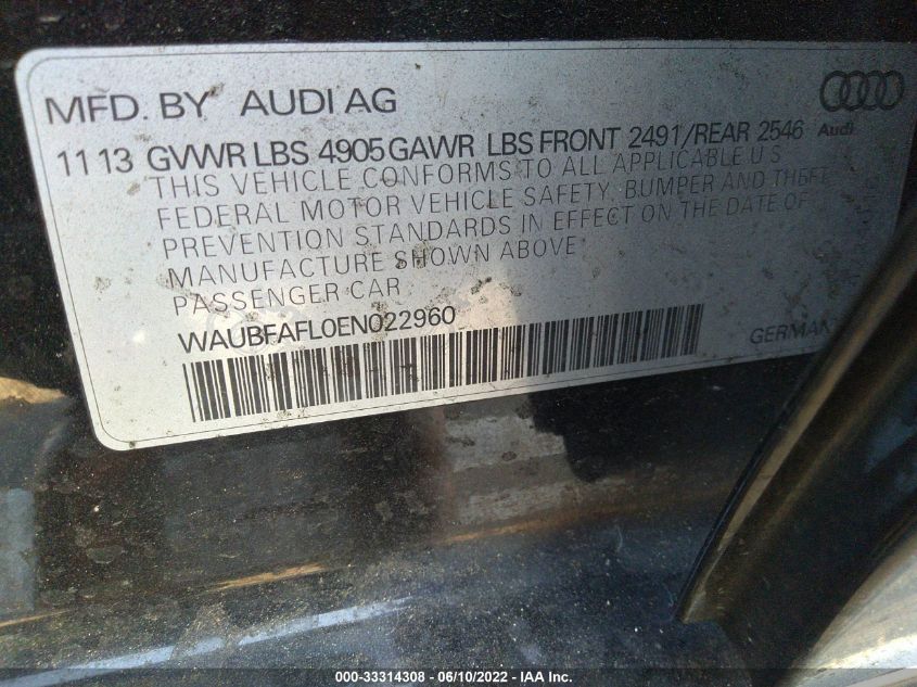 2014 AUDI A4 PREMIUM WAUBFAFL0EN022960